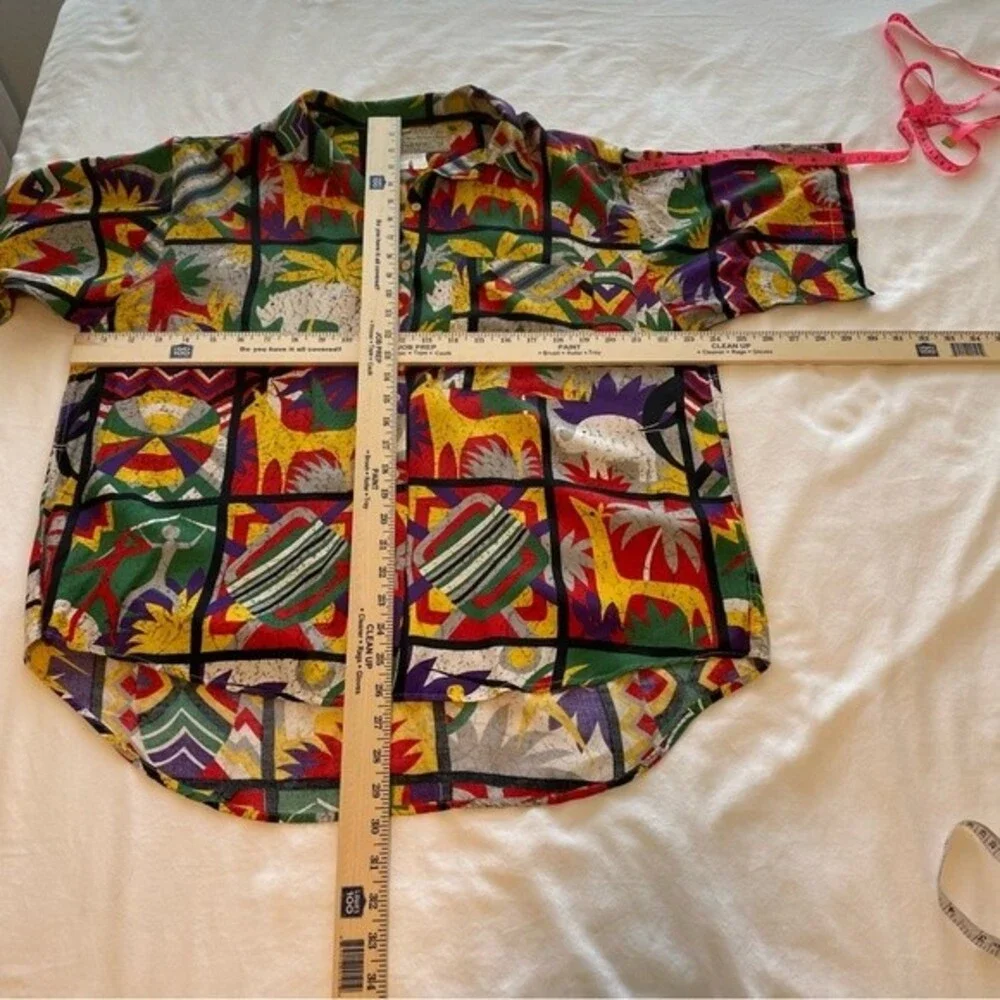 Vintage Bellows Brut Le Garage France Red Blue Vibrant Color Tropical Top SZ L
